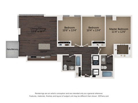 Floor plan for 3 beds, 2 baths, 1239 sqft